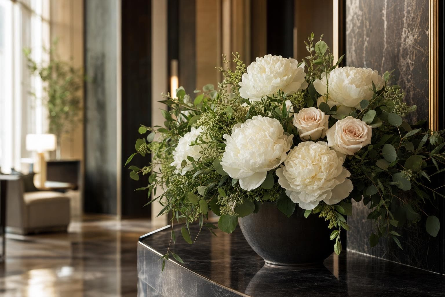 Cream and blush floral arrangement styled for a boutique hotel lobby